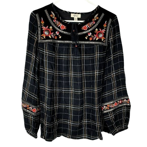 Style & Co Tunic Top size XS Peasant Boho Plaid Velvet Trim Tassel Ties Floral - Picture 1 of 6